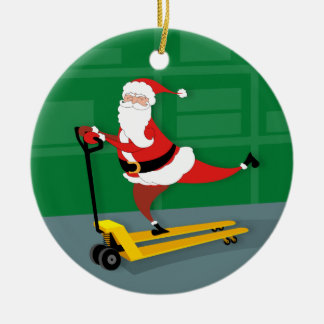 Santa Riding a Pallet Jack Ceramic Ornament