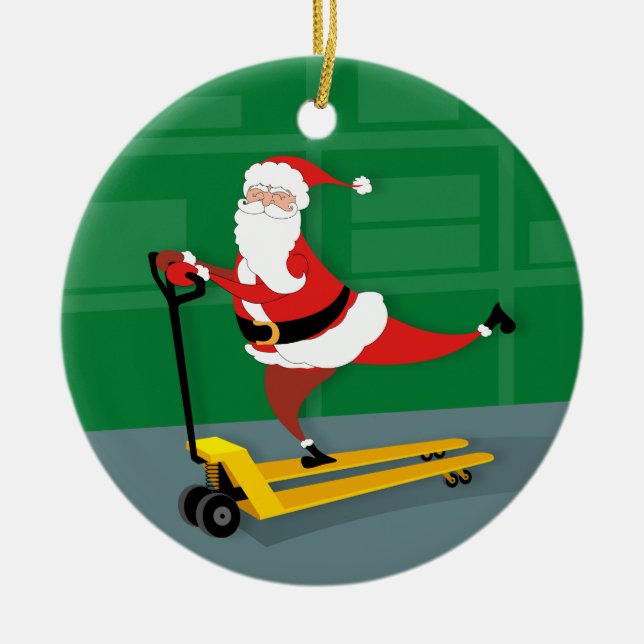 Santa Riding a Pallet Jack Ceramic Ornament (Front)