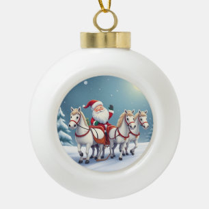 Santa Riding a Sleigh Led by White Horses Ceramic Ball Christmas Ornament