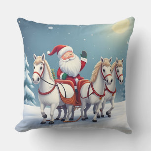 Santa Riding a Sleigh Led by White Horses Cushion