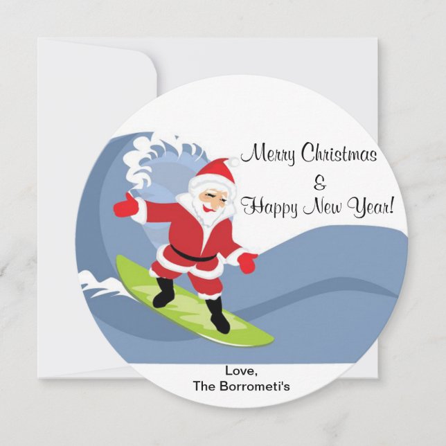 Santa Riding A Wave Christmas Card (Front)