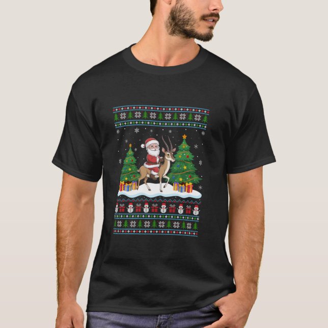 Santa Riding Antelope Tree Lights Ugly Christmas S T-Shirt (Front)