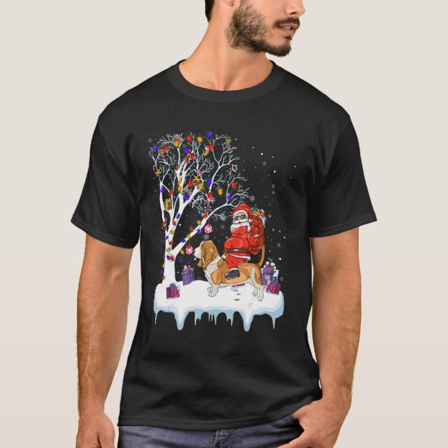 Santa Riding Basset Hound Dog Tree Lights Basset H T-Shirt (Front)