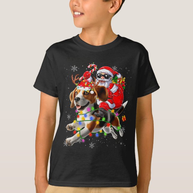 Santa Riding Beagle Christmas Lights Funny Dog Xma T-Shirt (Front)