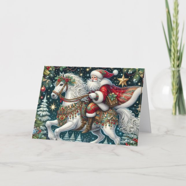 Santa Riding Beautiful Carousel Horse Holiday Card (Front)