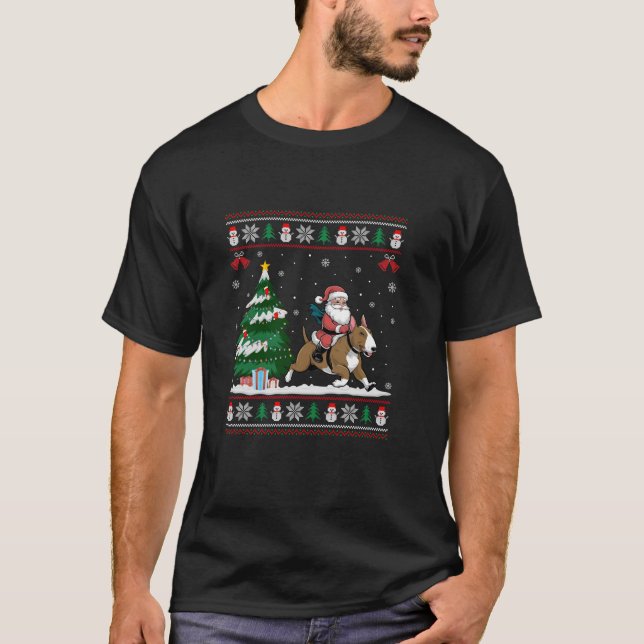 Santa Riding Bull Terrier Dog Tree Lighting Christ T-Shirt (Front)