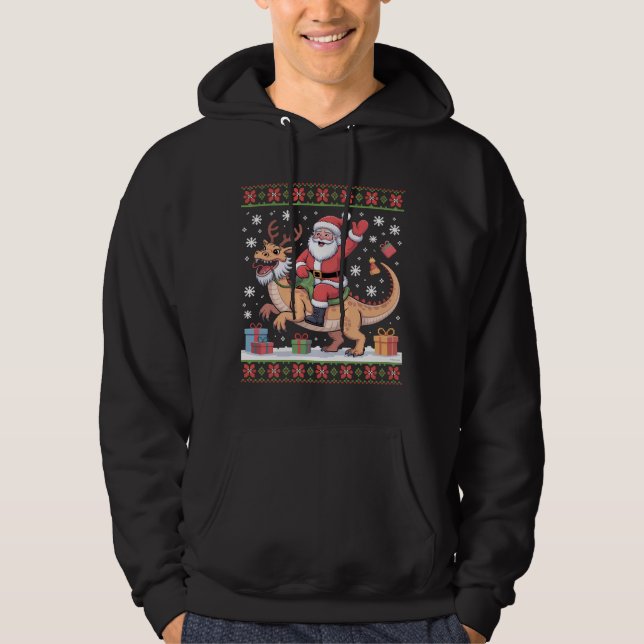 Santa Riding Dinosaur Christmas Art Hoodie (Front)
