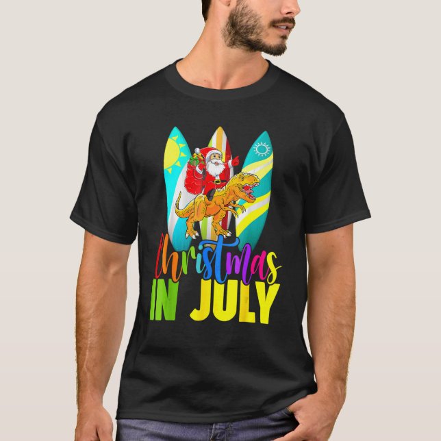 Santa Riding Dinosaur Christmas July  Summer Surfi T-Shirt (Front)