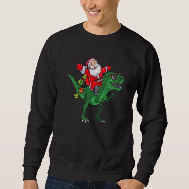 Santa Riding Dinosaur rex Christmas Boys Men Xmas  Sweatshirt (Front)