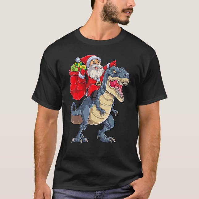 Santa Riding Dinosaur rex Christmas Boys Men Xmas  T-Shirt (Front)