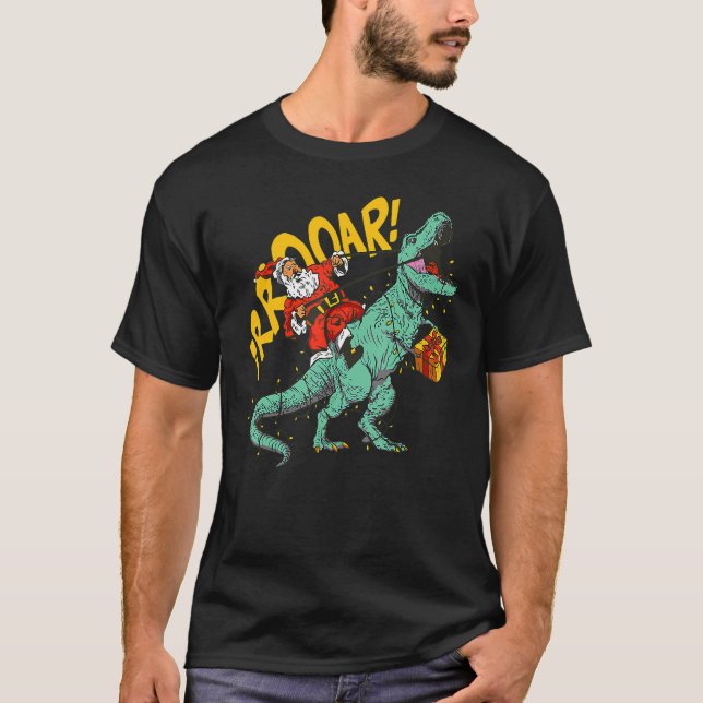 Santa Riding Dinosaur rex Christmas Xmas Kids Boys T-Shirt (Front)