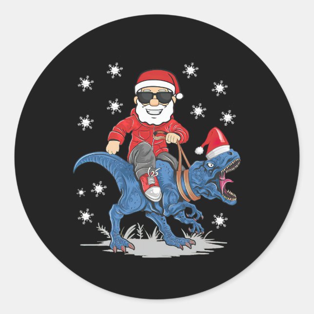 Santa Riding Dinosaur T rex Christmas Boys Men Xma Classic Round Sticker (Front)
