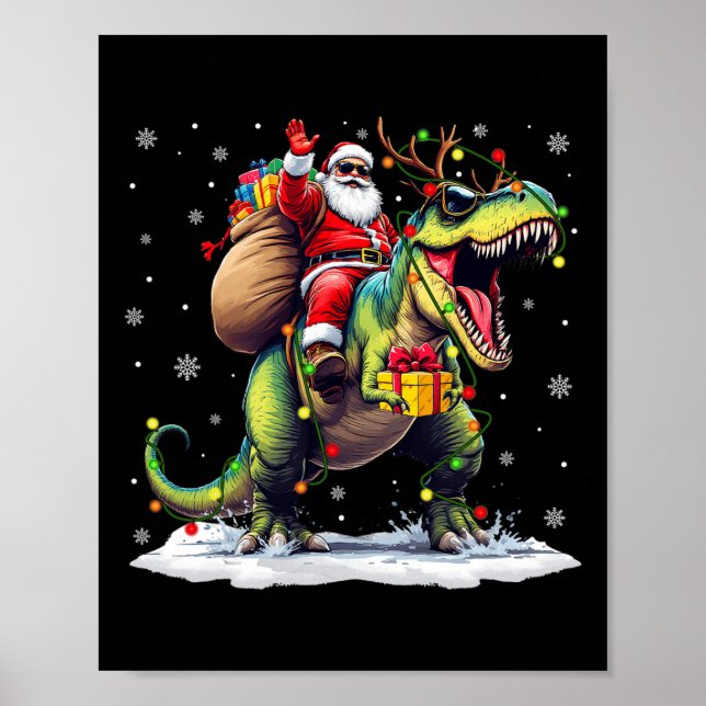 Santa Riding Dinosaur T Rex Christmas Boys Men Xma Poster (Front)