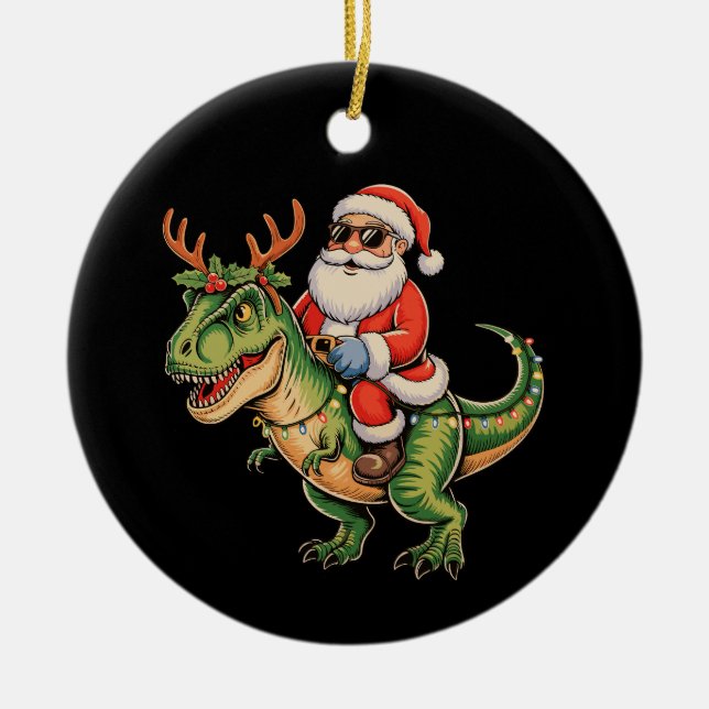 Santa Riding Dinosaur T Rex Christmas Retro Xmas Ceramic Ornament (Front)