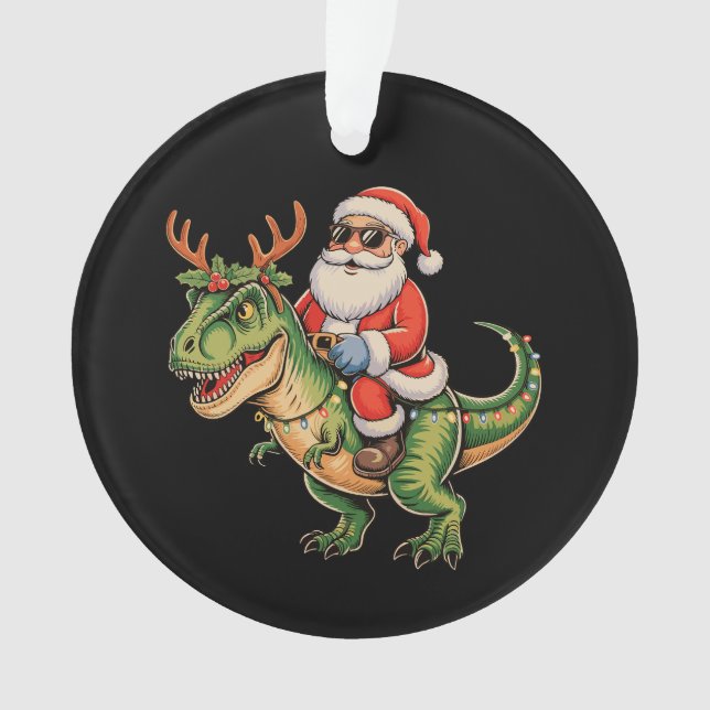 Santa Riding Dinosaur T Rex Christmas Retro Xmas Ornament (Front)