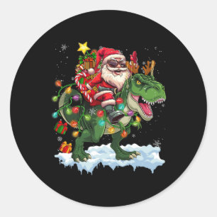 Santa Riding Dinosaur T Rex Christmas Tree Lights  Classic Round Sticker