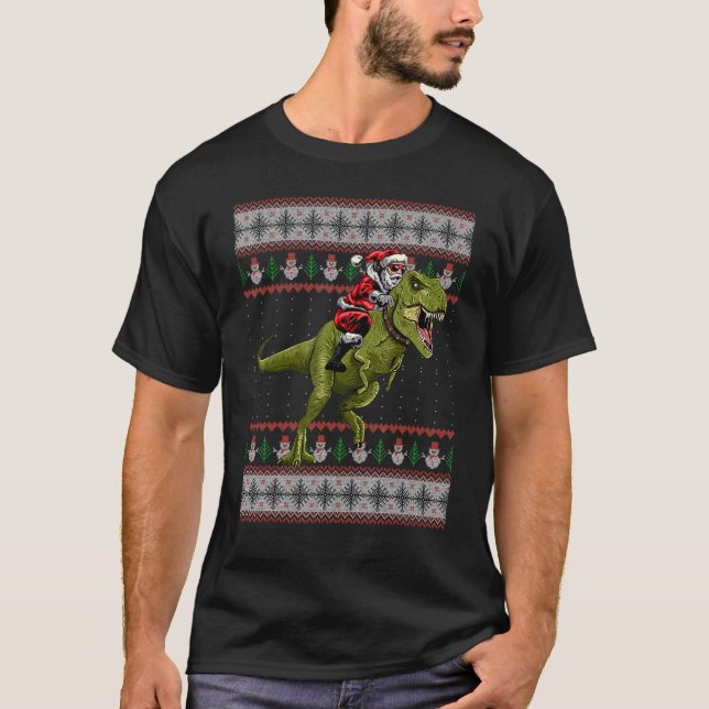 Santa Riding Dinosaur  T Rex Christmas Ugly Sweate T-Shirt (Front)