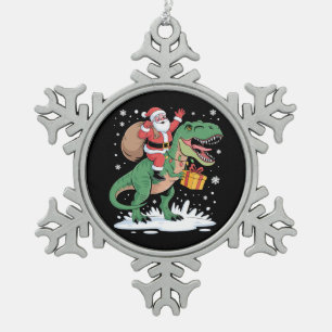 Santa Riding Dinosaur T Rex Christmas Xmas Holiday Snowflake Pewter Christmas Ornament