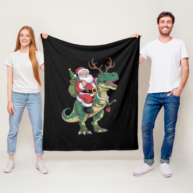 Santa Riding Dinosaur T-Rex Christmas Xmas Squad Fleece Blanket (In Situ)