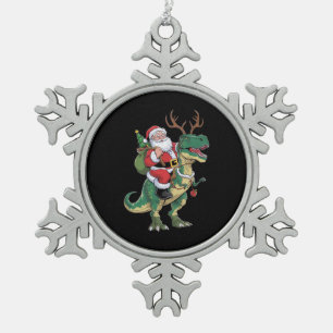 Santa Riding Dinosaur T-Rex Christmas Xmas Squad Snowflake Pewter Christmas Ornament