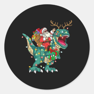 Santa Riding Dinosaur T rex Deer Kids Boys Men Chr Classic Round Sticker
