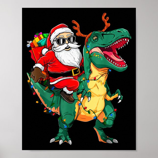 Santa Riding Dinosaur T Rex Funny Christmas Kids B Poster (Front)