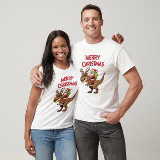 Santa Riding Dinosaur T-Rex Merry Christmas T-Shirt