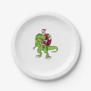 Santa Riding Dinosaur T rex Paper Plate
