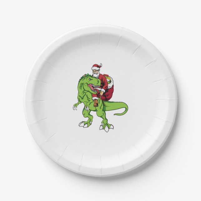 Santa Riding Dinosaur T rex   Paper Plate (Front)