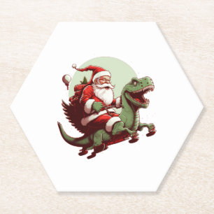 Santa Riding Dinosaur T rex T Shirt Christmas Gift Paper Coaster