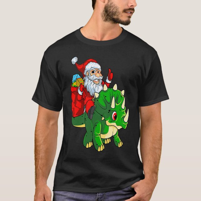 Santa Riding Dinosaur Triceratops Dino Christmas B T-Shirt (Front)