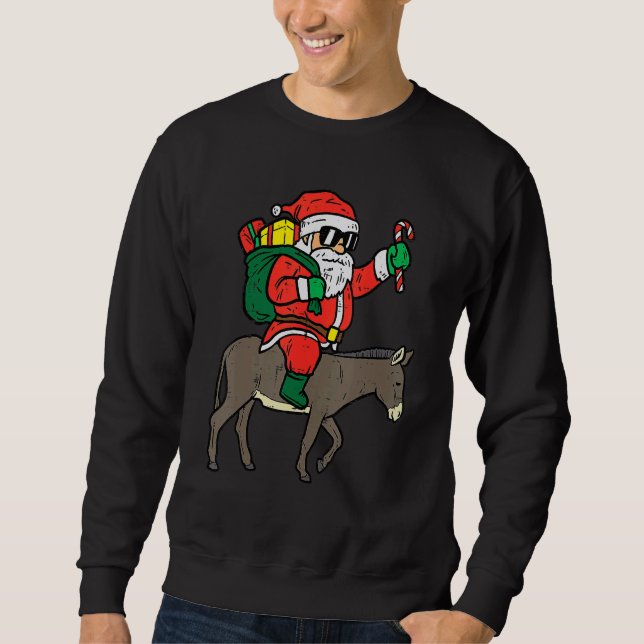 Santa Riding Donkey  Animal Christmas Xmas Men Wom Sweatshirt (Front)