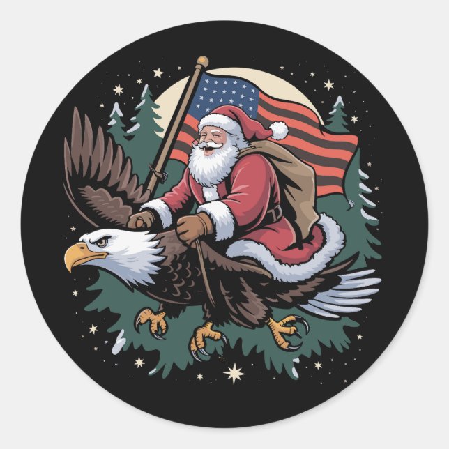 Santa Riding Eagle USA Flag Christmas  Classic Round Sticker (Front)