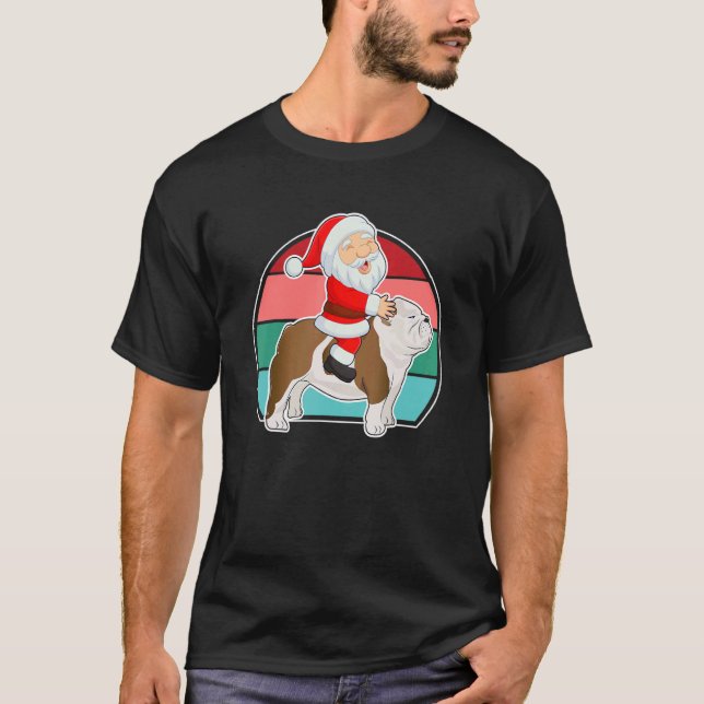 Santa Riding English Bulldog Christmas PJs Xmas Pa T-Shirt (Front)