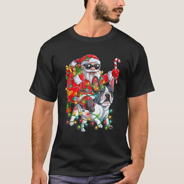 Santa Riding Frenchie Dog Christmas Tree Lights Xm T-Shirt (Front)