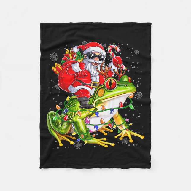 Santa Riding Frog Christmas Lights Funny Xmas Tree Fleece Blanket (Front)