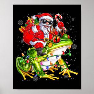 Santa Riding Frog Christmas Lights Funny Xmas Tree Poster
