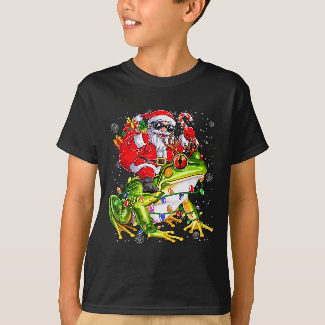 Santa Riding Frog Christmas Lights Funny Xmas Tree T-Shirt (Front)