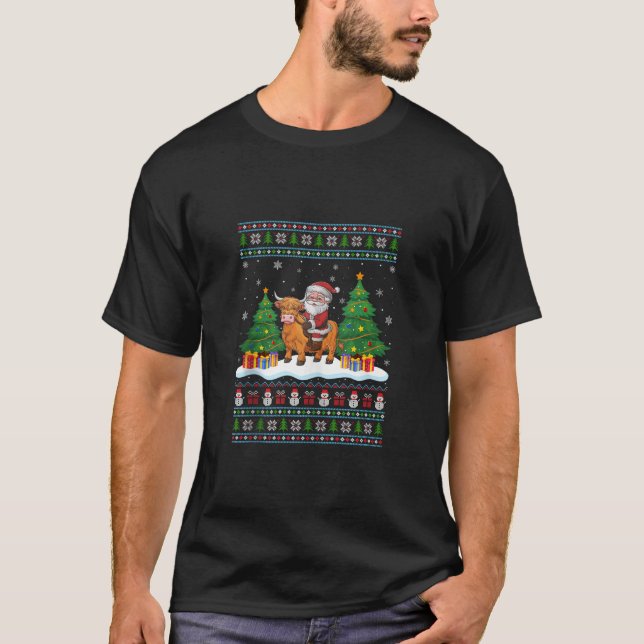 Santa Riding Highland Cow Tree Lights Ugly Christm T-Shirt (Front)