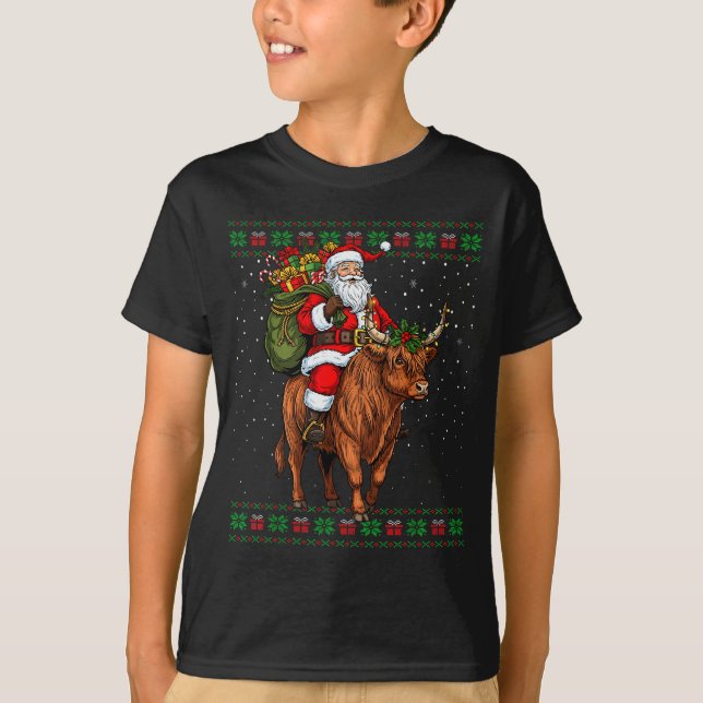 Santa Riding Highland Cow Ugly Christmas Sweater  (Front)