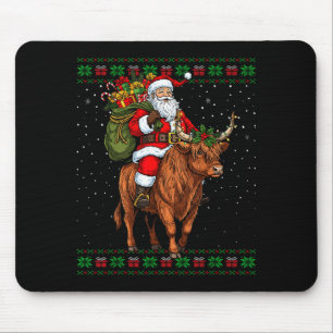 Santa Riding Highland Cow Ugly Christmas Sweater  Mouse Pad