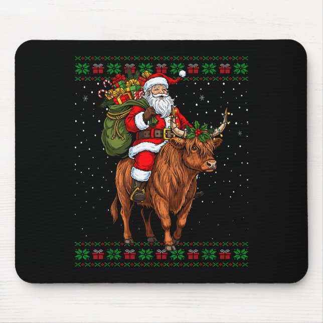 Santa Riding Highland Cow Ugly Christmas Sweater  Mouse Pad (Front)