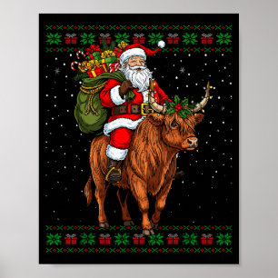 Santa Riding Highland Cow Ugly Christmas Sweater  Poster