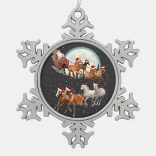 Santa Riding Horses Horse Sleigh Equestrian Snowflake Pewter Christmas Ornament