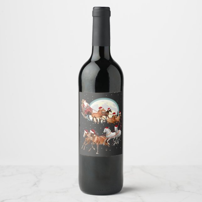Santa Riding Horses Horse Sleigh Equestrian  Wine Label (Front)