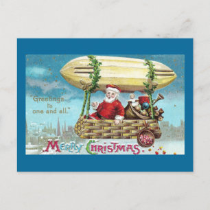 Santa Riding in Blimp Vintage Xmas Holiday Postcard