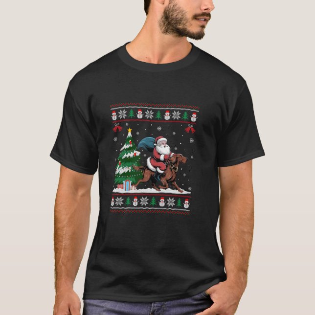 Santa Riding Irish Setter Dog Tree Lighting Christ T-Shirt (Front)