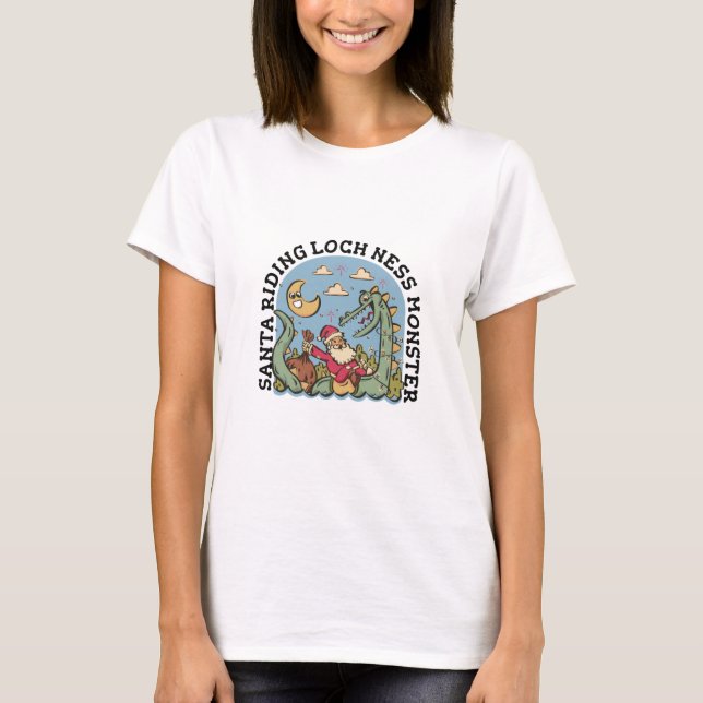 Santa Riding Loch Ness Monster T-Shirt (Front)