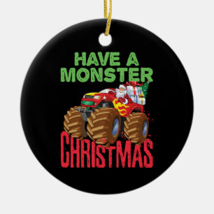 Santa Riding Monster Truck Have Monster Christmas Ceramic Ornament