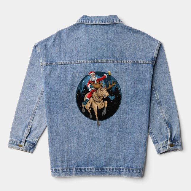 Santa Riding Moose Drinking Beer Denim Jacket (Back)